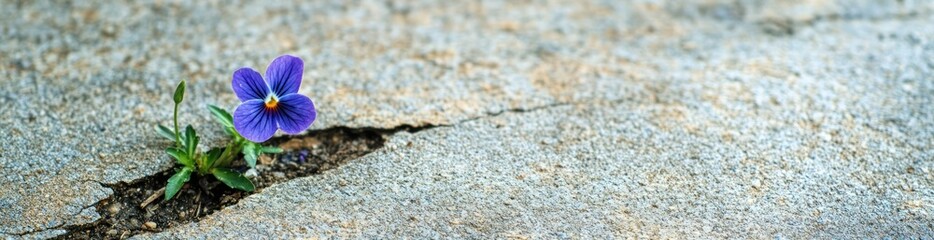 Wall Mural - A solitary purple flower grows through a crack in concrete, symbolizing resilience and beauty.