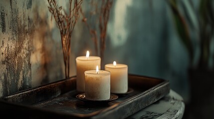 Poster - Three lit candles on a tray, surrounded by dried plants, creating a cozy atmosphere.