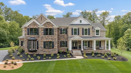 Poster - A beautiful two-story house with stone accents and a landscaped yard.