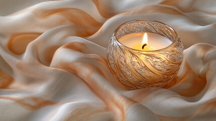 Wall Mural - A lit candle resting on soft, flowing fabric, creating a serene and warm atmosphere.