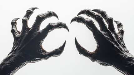 Canvas Print - Two monstrous hands with sharp claws reaching towards each other against a light background.