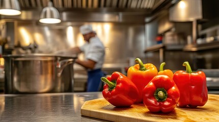 Poster - A chef prepares food in a kitchen with colorful bell peppers on a cutting board.