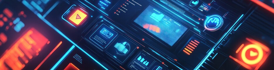 Futuristic interface with glowing buttons and displays for data interaction.