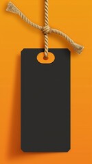 Blank black price tag with twine bow hanging against vibrant orange background, ready for custom text or pricing. Minimalist retail design element.