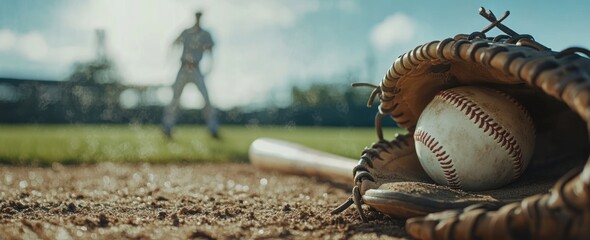 Poster - A baseball glove, ball, and bat on the field, with a player in the background.