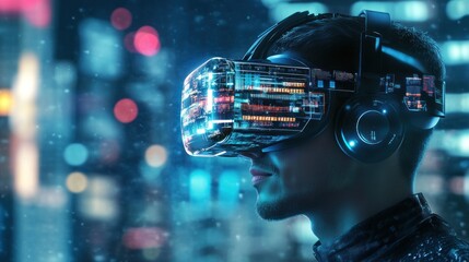 Canvas Print - A person wearing a futuristic VR headset, immersed in a digital world with city lights.