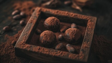 Poster - A wooden tray holds chocolate truffles dusted with cocoa powder and cocoa beans.