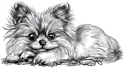 Canvas Print - A detailed line drawing of a cute, fluffy dog resting on the ground.