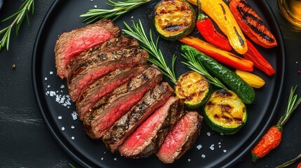 Poster - A beautifully plated steak with grilled vegetables, showcasing a delicious meal.