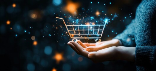 Canvas Print - A person holds hands with a glowing shopping cart symbol, representing online shopping.