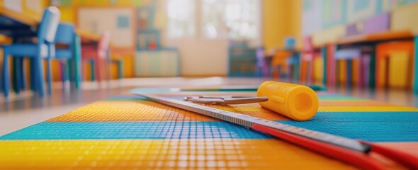 Canvas Print - A colorful classroom scene with tools for creative activities on a mat.