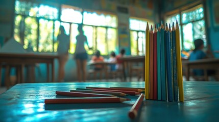 Canvas Print - A colorful arrangement of pencils on a classroom table, with students in the background.