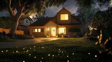 Poster - A cozy house illuminated at night, surrounded by greenery and flowers.