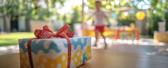 Canvas Print - A colorful gift box in a garden setting, with a playful child in the background.