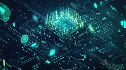 Canvas Print - A futuristic digital landscape featuring a glowing circuit board and data visualizations.