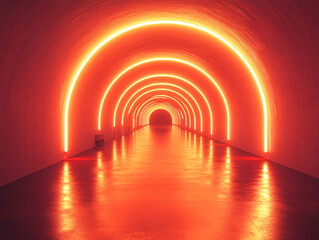 a vibrant scene of a walkway illuminated by a tunnel of bright orange lights.