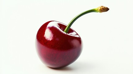   A close-up of a cherry with a stem in the shape of a cherry and a bite taken out of it