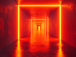 a vibrant scene of a walkway illuminated by a tunnel of bright orange lights.