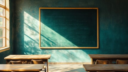 Canvas Print - A classroom with wooden desks and a chalkboard illuminated by sunlight.