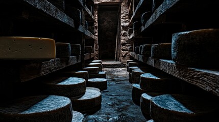 Poster - A dimly lit cheese cellar with shelves stacked with round cheese wheels.