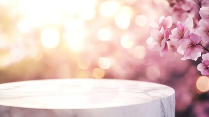 Wall Mural - a serene scene featuring a marble table with blooming cherry blossoms and a soft, dreamy background.
