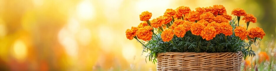 Canvas Print - A vibrant basket of orange marigold flowers against a soft, blurred background.