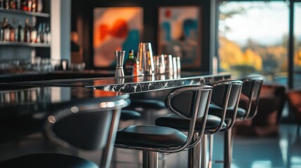 Canvas Print - A modern bar scene with sleek stools and artistic decor, inviting social interaction.