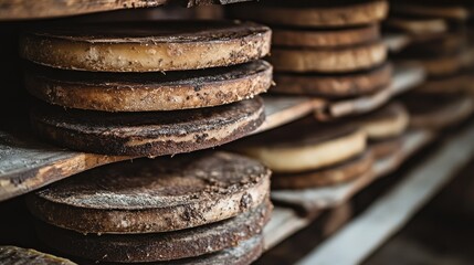 Poster - A close-up of stacked cheese wheels aging on wooden shelves in a cheese cellar.