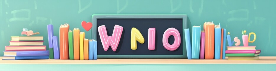 Sticker - A colorful bookshelf with playful letters on a chalkboard, suggesting a learning environment.