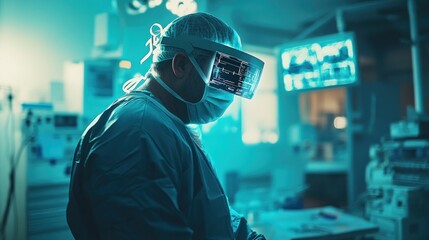 Canvas Print - A healthcare professional in surgical attire using advanced technology in a medical setting.