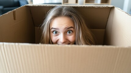 Poster - A playful person peeks out from inside a large cardboard box, showcasing a fun moment.