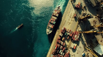 Poster - Aerial view of a cargo ship at a port, surrounded by containers and a small boat.