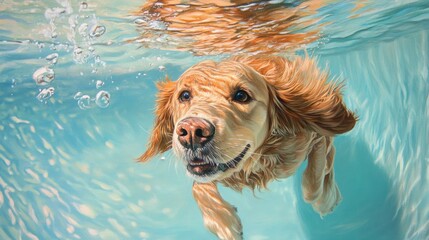 Sticker - A joyful golden retriever swimming underwater, capturing the essence of playfulness.