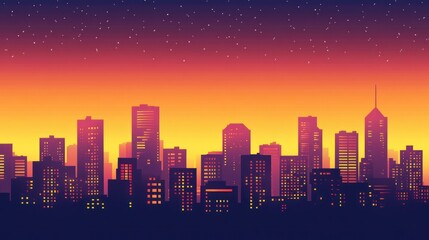 Wall Mural - A vibrant city skyline at sunset with glowing windows and a starry sky.