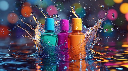 Wall Mural - Three vibrant nail polish bottles splash into water, surrounded by colorful bokeh lights, creating a lively and energetic ambiance.