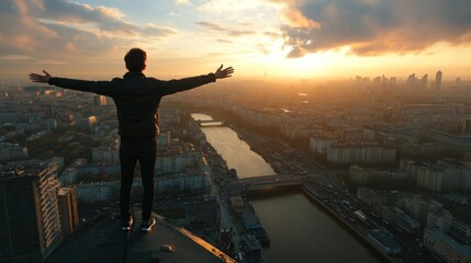 Wall Mural - A person stands on a rooftop, arms outstretched, overlooking a city at sunset.