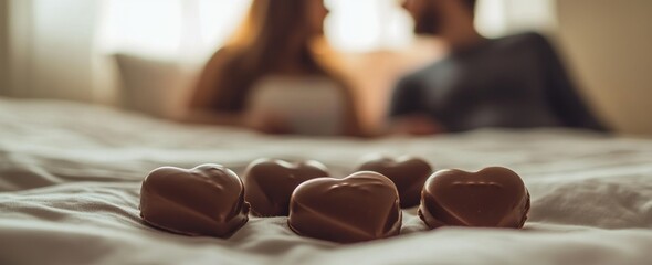 Poster - A romantic scene featuring heart-shaped chocolates on a bed with a couple in the background.