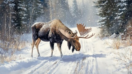 Canvas Print - A moose stands in a snowy landscape, surrounded by trees, creating a serene winter scene.