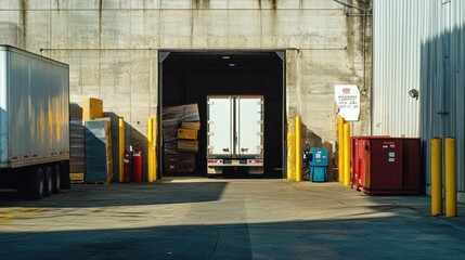 Canvas Print - A loading dock with a truck backed in, surrounded by storage containers and equipment.