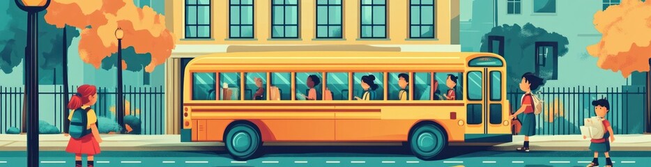 Poster - A vibrant school scene featuring a yellow bus, students, and autumn foliage.