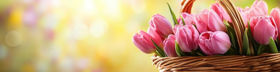 Poster - A basket filled with pink tulips against a soft, blurred background of light.