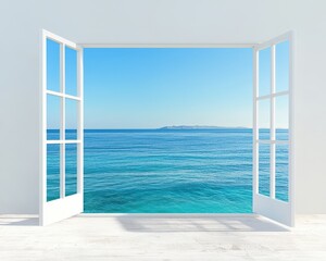 A beautiful ocean view from an open window, showcasing the calm sea and clear blue sky. Perfect for evoking feelings of tranquility and escape in any space.