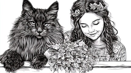 Wall Mural - A girl with a cat and flowers, illustrated in a detailed black and white style.