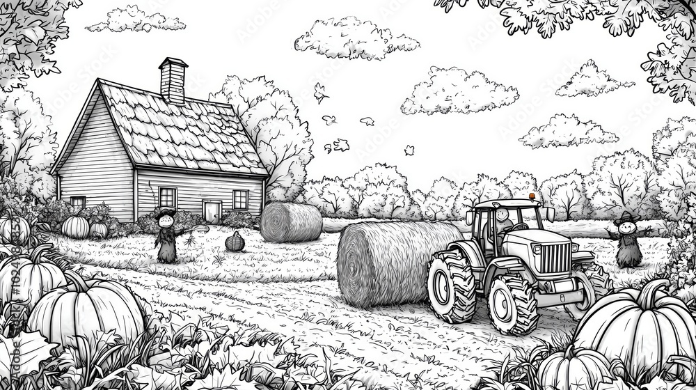 Coloring page of Cheerful Autumn Farm Scene with Pumpkins and Tractor ...
