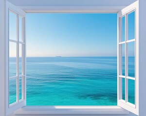 Wall Mural - experience a serene seaside view through an open window, showcasing calm blue waters and a clear sky
