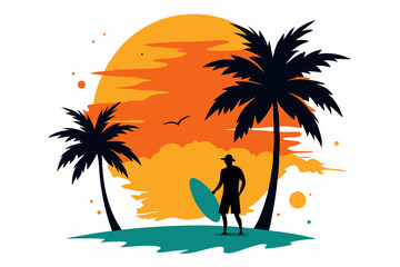 Retro vintage surfing silhouette landscape design with a palm trees.