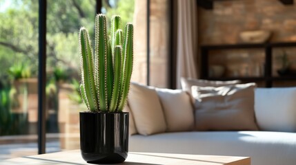 Canvas Print - A modern living space featuring a tall cactus in a sleek pot on a wooden table.