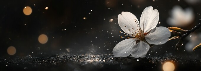 Wall Mural - A delicate white flower rests on a dark surface, surrounded by soft glowing particles.