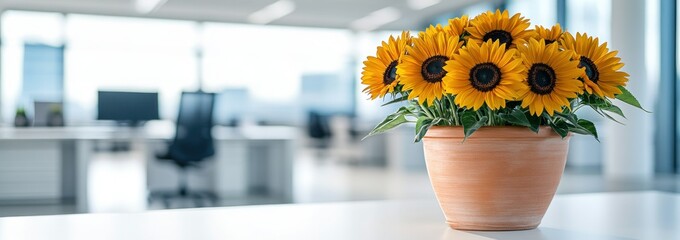 Wall Mural - A vibrant bouquet of sunflowers in a modern office setting.