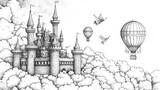 Coloring page of Fantasy Castle in Clouds with Hot Air Balloons